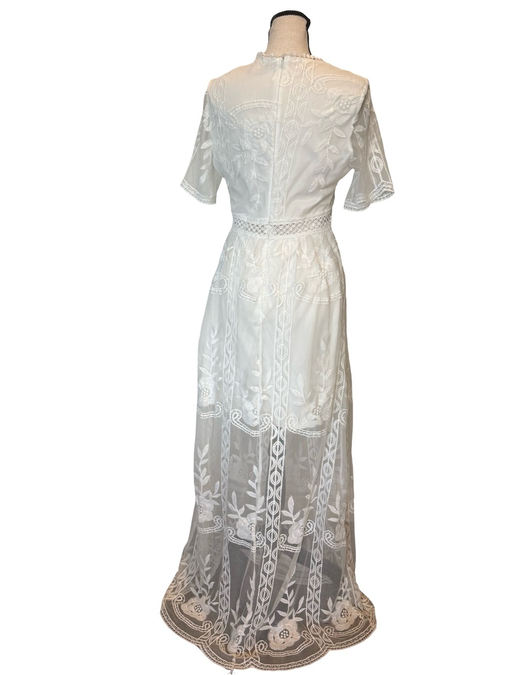 Boho White Embroidered Lace Maxi Dress Sheer Mesh Overlay Cottagecore Medium - Picture 12 of 13